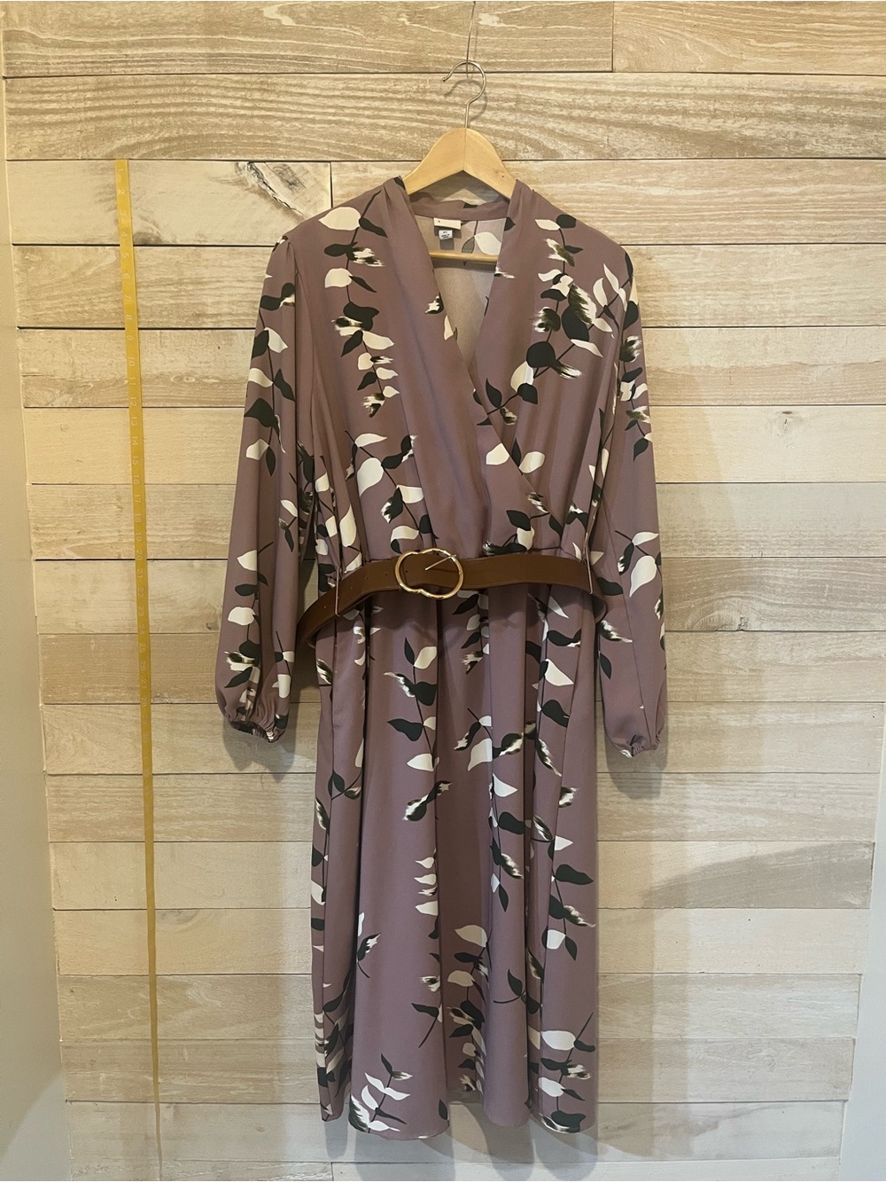 a new day Mauve Floral Midi Dress w/ Belt Long Sleeve-Size XL Boho Chic